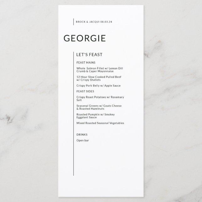 Custom Black on White Abgeschieden Names Wedding O Menükarte (Vorderseite)