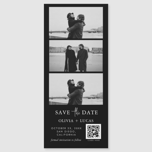 Custom Black QR Code Foto Strip Magnetic Wedding Magnetkarte (Vorderseite)