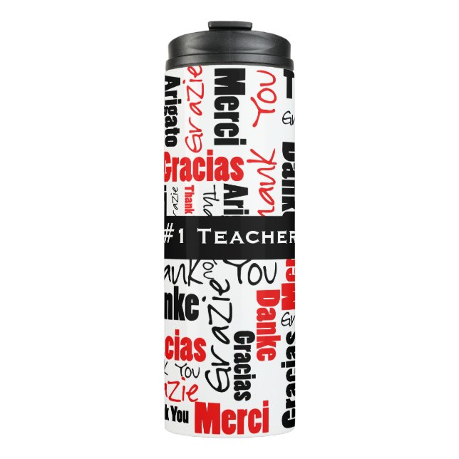 Custom Black Red Multilingual Danke Word Cloud Thermosbecher (Vorderseite)