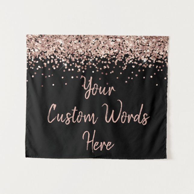 Custom Black Rose Gold Birthday Party Photo Booth Wandteppich (Vorderseite (Horizontal))