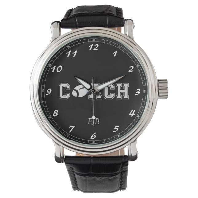 Custom Black Vintage Leather Watch Football Coach Armbanduhr (Vorderseite)