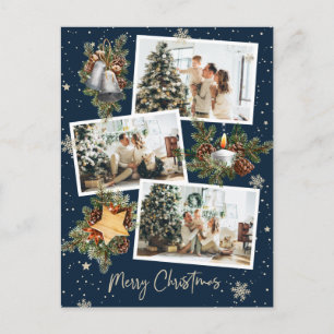 Custom Blue 3 Foto Collage Frohe Weihnachten Postkarte