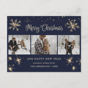 Custom Blue 3 Photo Merry Christmas Postcards Feiertagspostkarte
