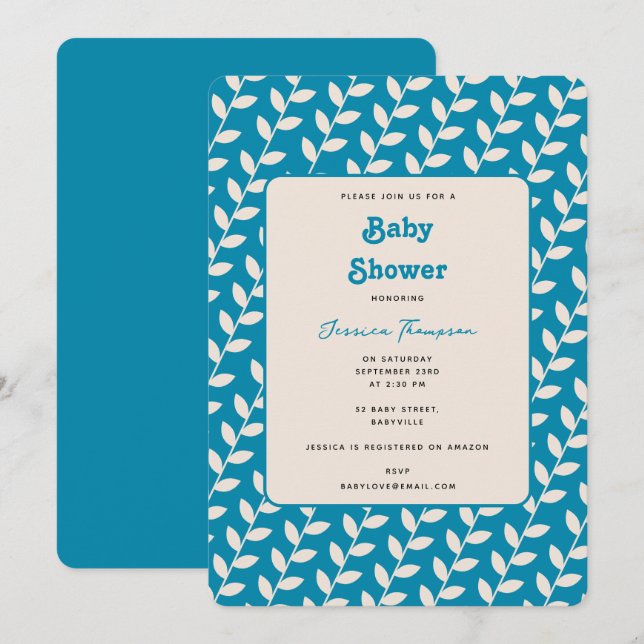 Custom Blue 70er Retro Leaf Boy Baby Dusche Einladung (Vorne/Hinten)