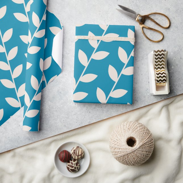Custom Blue 70er Retro Leaf Muster Geschenkpapier (Kunsthandwerk)
