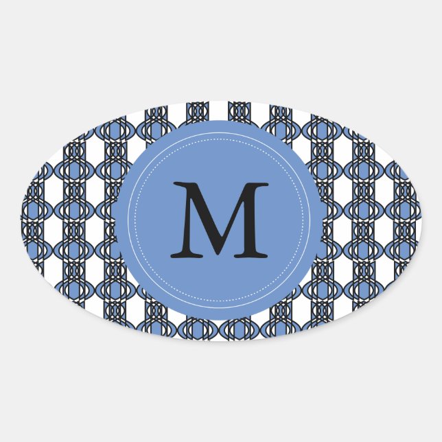 Custom Blue Abstrakt Scarab Muster Monogram Ovaler Aufkleber (Vorderseite)
