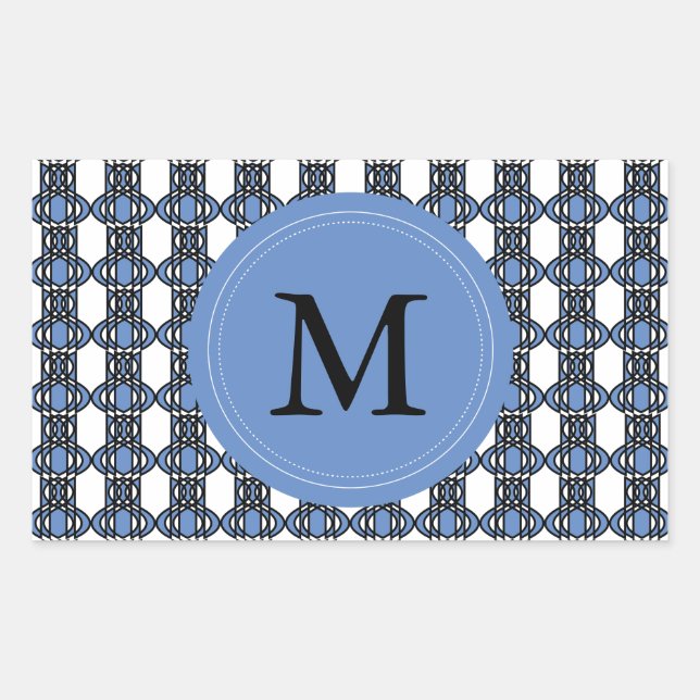 Custom Blue Abstrakt Scarab Muster Monogram Rechteckiger Aufkleber (Vorderseite)