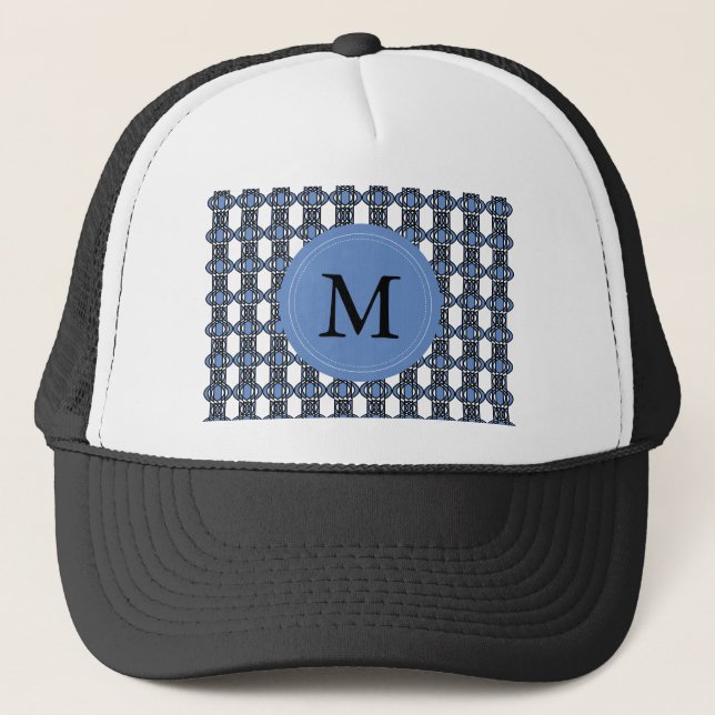 Custom Blue Abstrakt Scarab Muster Monogram Truckerkappe (Vorderseite)