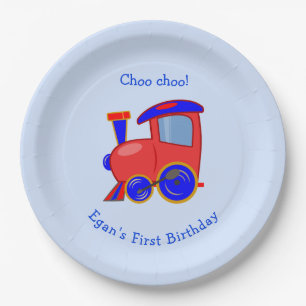 Custom Blue and Red Train Birthday Paper Plate Pappteller