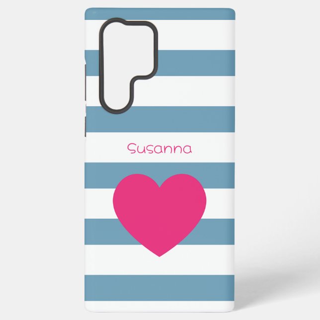 Custom Blue and White Bold Striped Pink Heart  Samsung Galaxy Hülle (Rückseite)