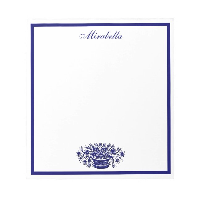 Custom Blue and White Floral Blue Border Notepad Notizblock (Vorderseite)
