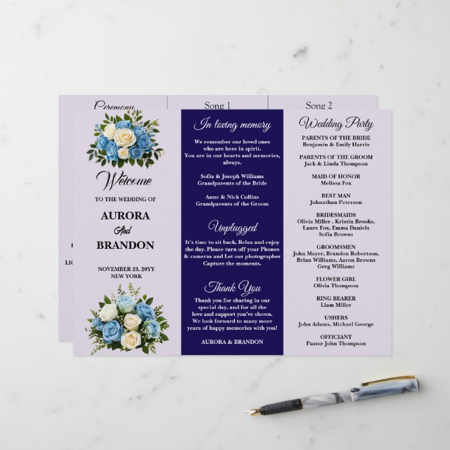 Custom Blue and White Floral Wedding Program (Vorderseite/Rückseite Beispiel)