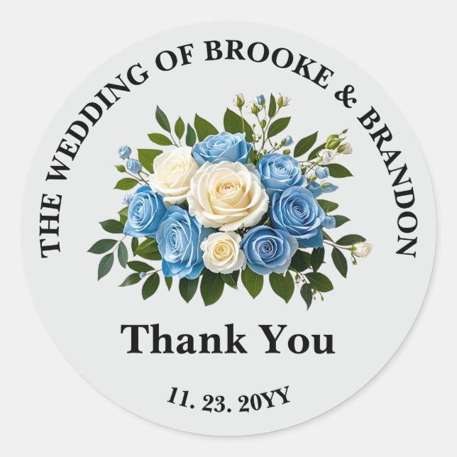 Custom Blue and White Floral Wedding Vielen Dank Runder Aufkleber (Vorderseite)