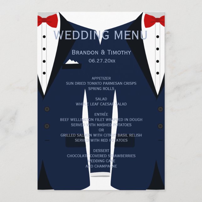 Custom Blue and White Gay Wedding Menu Card Menükarte (Vorderseite)