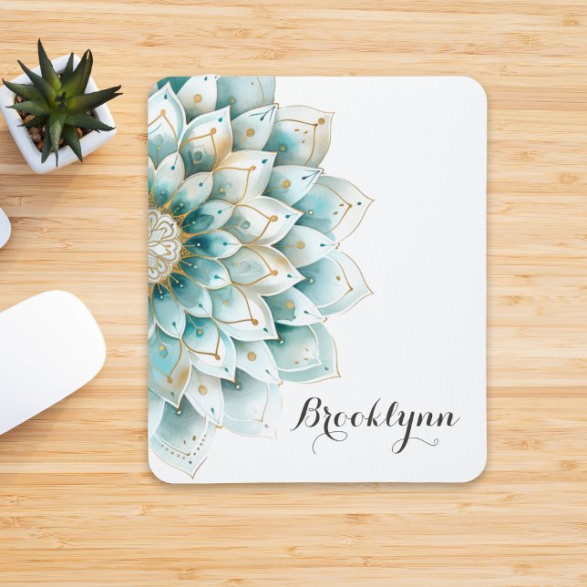 Custom Blue Aquamarin Gold Floral Mandala Mousepad (Von Creator hochgeladen)