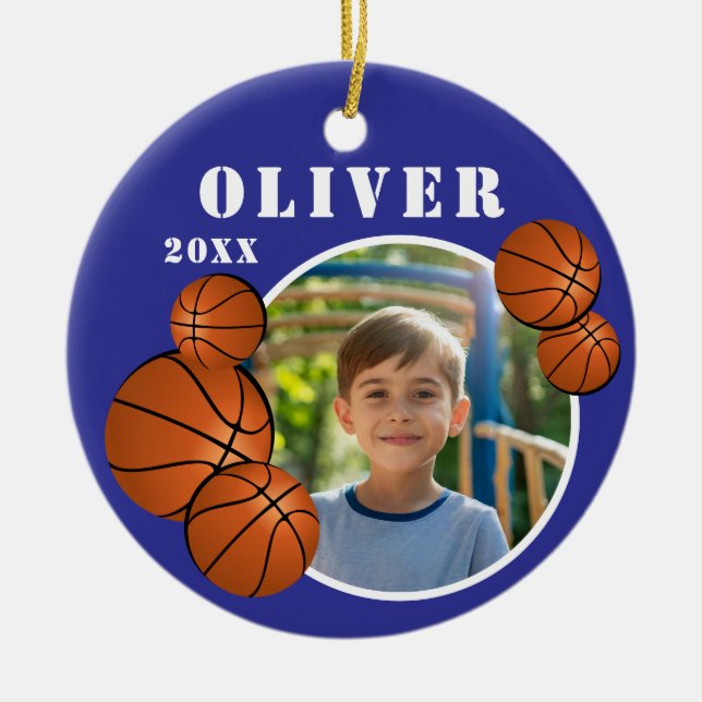 Custom Blue Basketball Ball Sports Foto Keramik Ornament (Vorne)