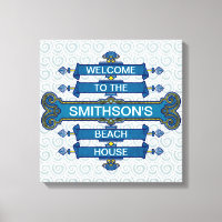 Custom Blue Beach House-Schild mit Scallop-Wirbel