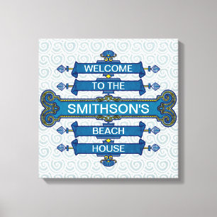Custom Blue Beach House-Schild mit Scallop-Wirbel Leinwanddruck