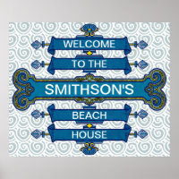Custom Blue Beach House-Schild mit Scallop-Wirbel