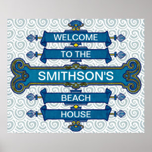 Custom Blue Beach House-Schild mit Scallop-Wirbel Poster