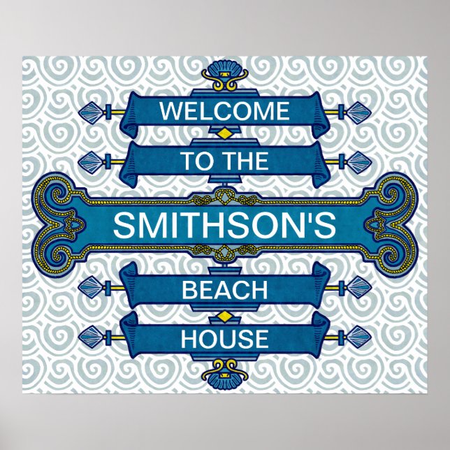 Custom Blue Beach House-Schild mit Scallop-Wirbel Poster (Vorne)