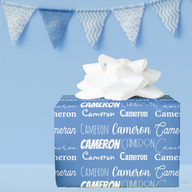 Custom Blue Birthday Boys Name Collage Geschenkpapier (Von Creator hochgeladen)