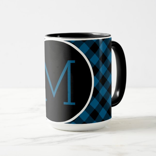 Custom Blue Black Buffalo Karo Kariertes Muster Tasse (VorderseiteRechts)