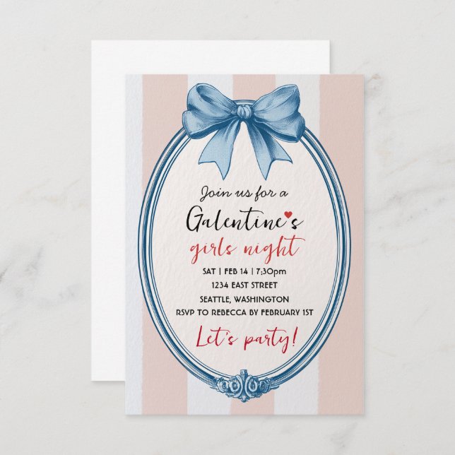 Custom Blue Bow Galentines Party Invitation RSVP Karte (Vorne/Hinten)