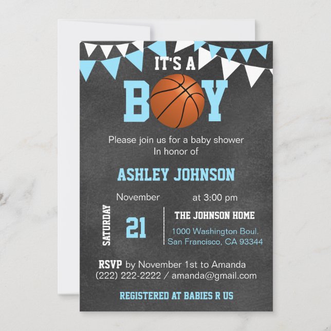 Custom Blue Boy Basketball Baby Shower Einladungen (Vorderseite)