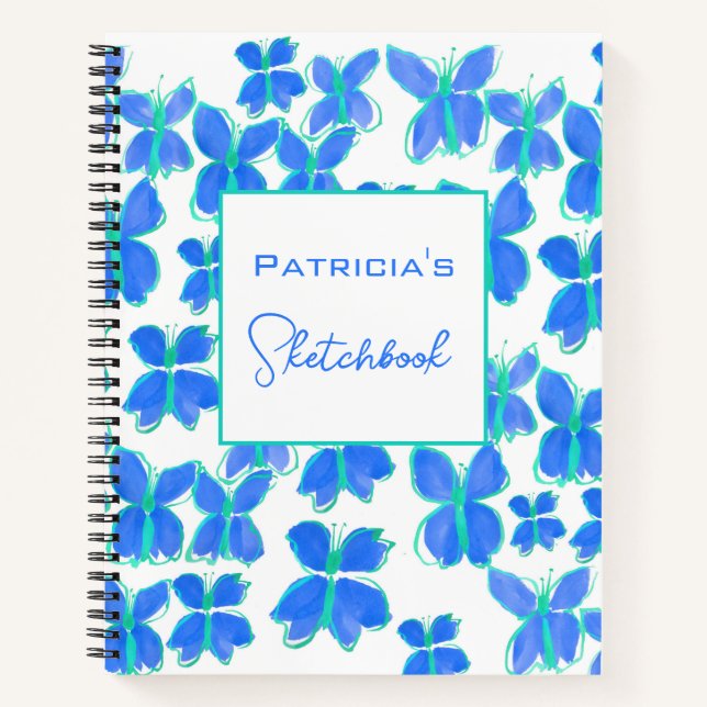 Custom Blue Butterfly Sketchbook Notizbuch (Vorderseite)