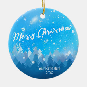Custom Blue Crystal Snow & Forest Frohe Weihnachte Keramik Ornament