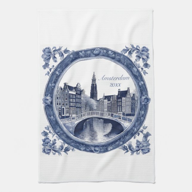 Custom Blue Delft Amsterdam Souvenir Geschirrtuch (Vertikal)