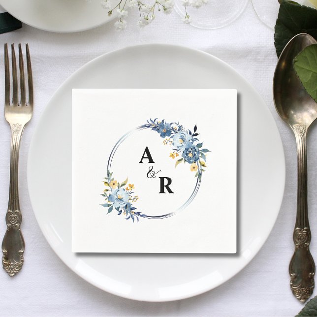 Custom Blue Floral Botanical Monogram Wedding Serviette (Custom blue floral botanical monogram wedding napkins add elegant personalized charm to receptions.)