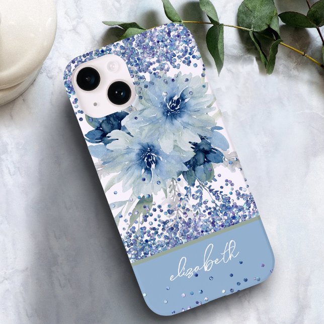 Custom Blue Floral Glitzer Personalisiert Name Case-Mate iPhone Hülle (Von Creator hochgeladen)