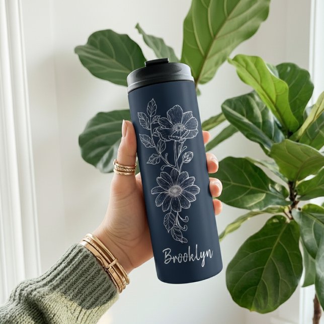 Custom Blue Floral Tumbler Gift for Bridesmaids Thermosbecher (Deep Blue Wildflower Tumbler Bridesmaid Gift for Her, Custom Floral Thermal Tumbler Gift for Women)