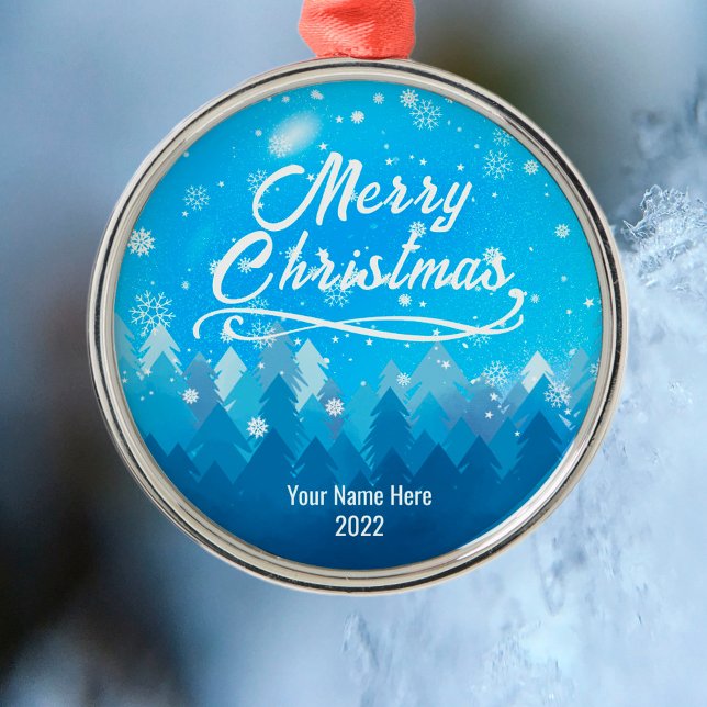 Custom Blue Friedlich Snow Forest Frohe Weihnachte Ornament Aus Metall (Von Creator hochgeladen)
