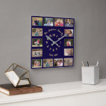 Custom Blue Gold Family Foto Hochzeitsfeier Quadratische Wanduhr<br><div class="desc">Erstellen Sie Ihre eigenen maßgeschneiderten, personalisierten, Imitate Gold und Marineblau, elegante Imitate Gold Typografie Schriftart Drehbuch, Familie 14 Foto Collage Halb-Quadrat Wanduhr. Um Ihre Wünsche anzupassen, geben Sie einfach Ihren Familiennamen & Jahr ein und fügen Sie vierzehn Ihrer Lieblings-Familie / Kinder / Baby / Haustiere / Ehepaar / Hochzeit Fotos....</div>