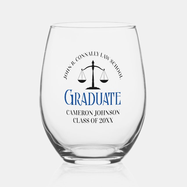 Custom Blue Law School Graduation Party Weinglas Ohne Stiel (Vorderseite)