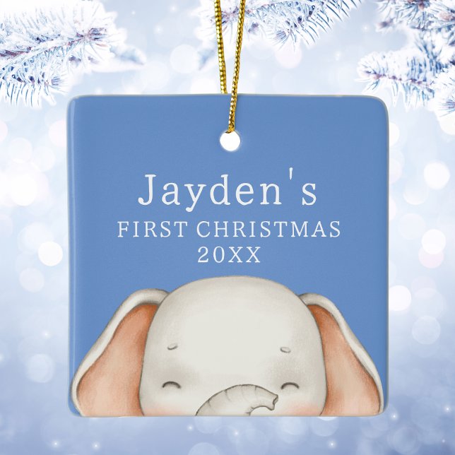 Custom Blue Niedlich Elephant Baby Boy Erste Weihn Keramikornament (Custom Blue Cute Elephant Baby Boy First Christmas Ceramic Ornament
)