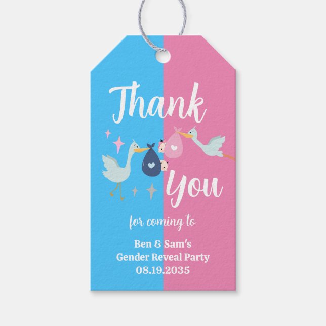 Custom Blue Pink Gender Reveal Party Vielen Dank Geschenkanhänger (Vorderseite)