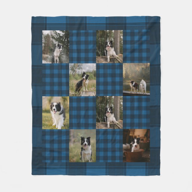 Custom Blue Plaid 8 Photo Collage Fleecedecke (Vorderseite)