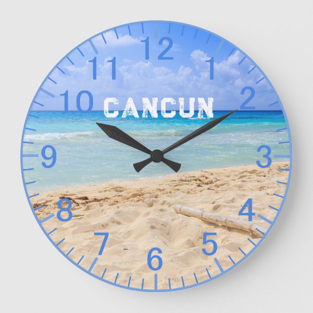 Custom Blue Sand Beach Clock Große Wanduhr (Vorderseite)