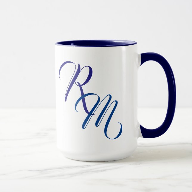 Custom Blue Script Monogram Initial Cup Tasse (Rechts)
