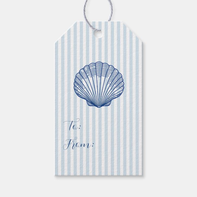 Custom Blue Seashell Coastal Stripe Geschenkanhänger (Vorderseite)