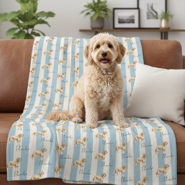 Custom Blue Strip Golden Doodle Name Pet Fleecedecke (Get cozy with this "Custom Blue Stripe Golden Doodle Pet Name Fleece Blanket"!)
