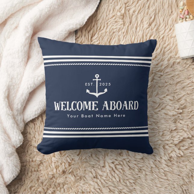 Custom Blue Striped Boat Nautical Welcome Aboard  Kissen (Decke)