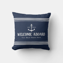 Custom Blue Striped Boat Nautical Welcome Aboard Kissen