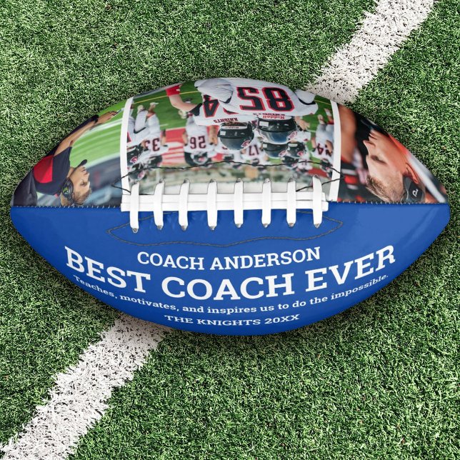 Custom Blue Team Bester Coach je Foto Collage Football (Personalize this football as a keepsake gift for your favorite coach.)