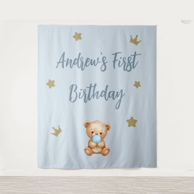 Custom Blue Teddy Bear Geburtstagsgrössen Wandteppich (Vorderseite)