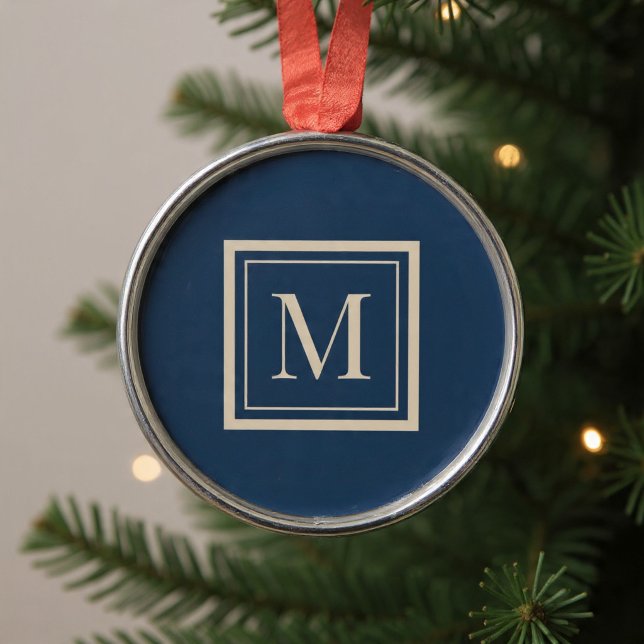 Custom Blue & Vanilla Framed Monogram Ornament Aus Metall (Von Creator hochgeladen)